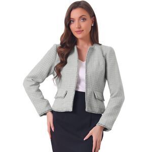 Plaid Tweed Blazer Long Sleeve Open Front Short Jacket Grey